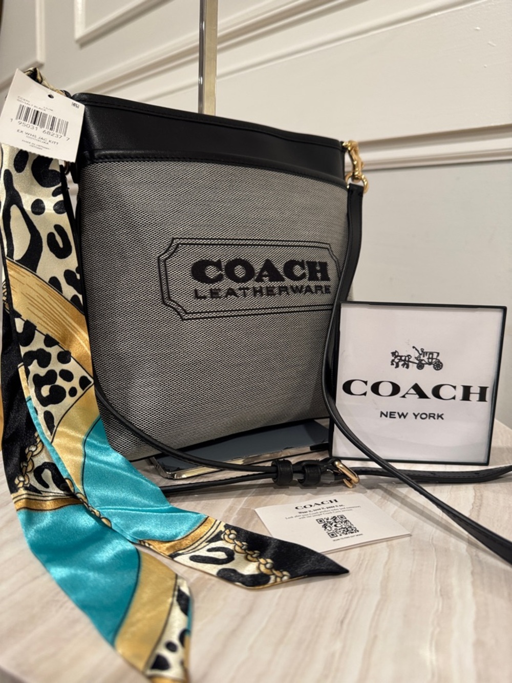 Coach Bag Kitt Messenger Crossbody Salt Black Woven Jacquard Leather Small Bag